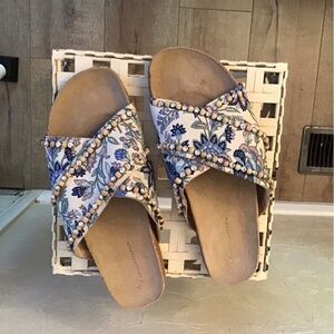 Anthropologie Blue and Cream Floral Sandals